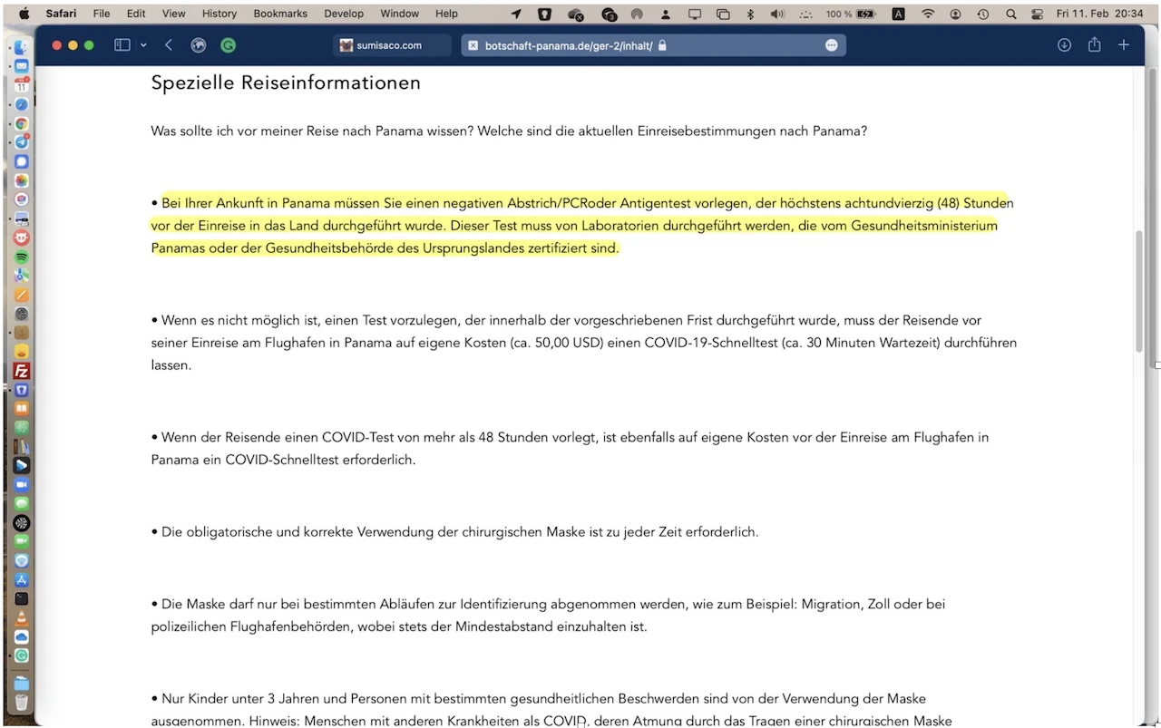 Screenshot mit Informationen der Panamaischen Botschaft