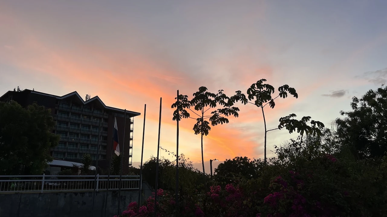 Sonnenuntergang, Hotel und sehr hohe Palmen vor dem Abendrot.