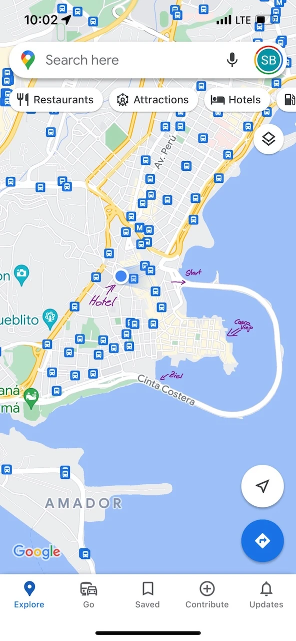 Screenshot von GoogleMaps über den Verlauf des Cinta Costera