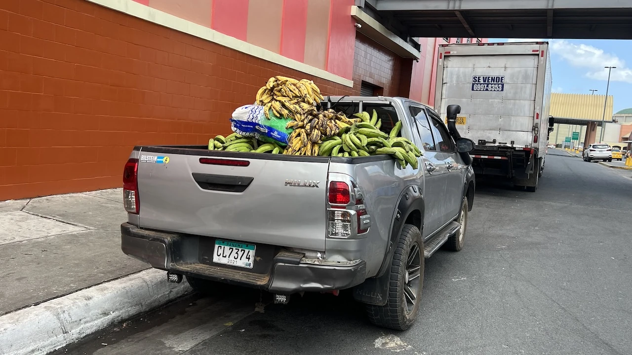 PanamaCity_PickUp mit Bananen Ein grauer PickUp komplett mit Bananen beladen, parkt am Straßenrand
